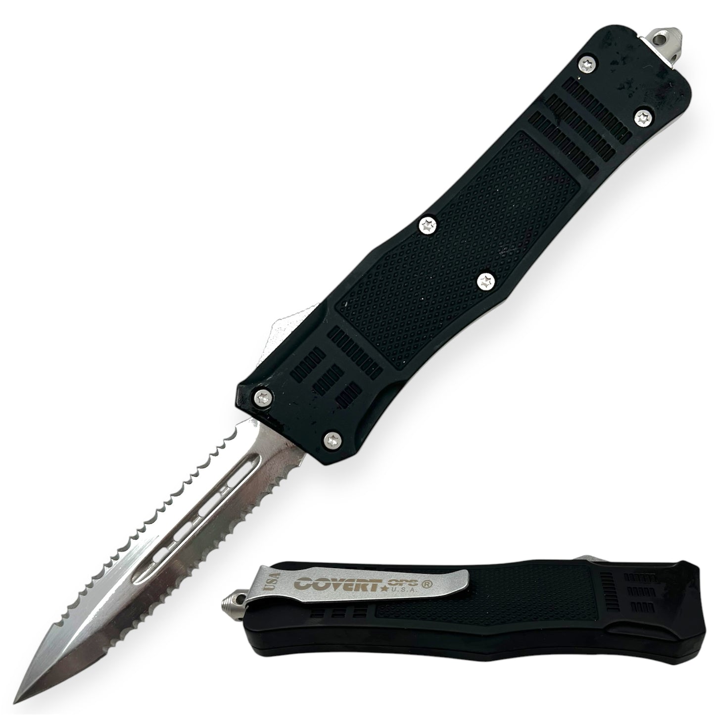 Covert Ops® Automatic OTF 9 Inch Auto Double Blade Serrated Both sides Silver Blade