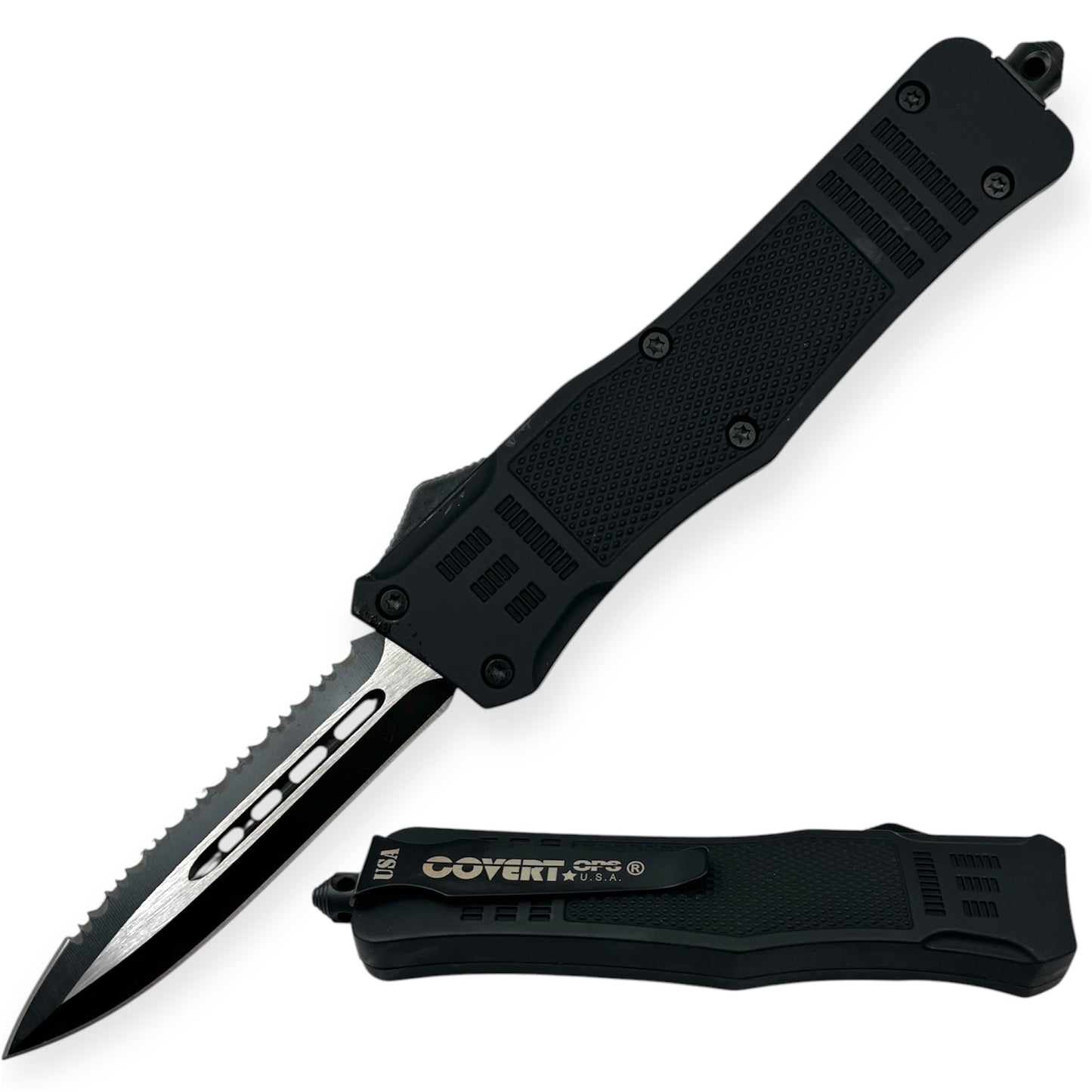 Covert Ops® OTF 9 Inch Auto Double Blade one Side Serrated Black