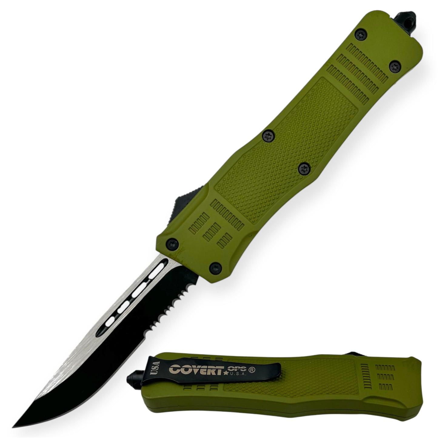 Covert Ops® OTF 9 Inch Auto Tanto Blade Green Drop Point