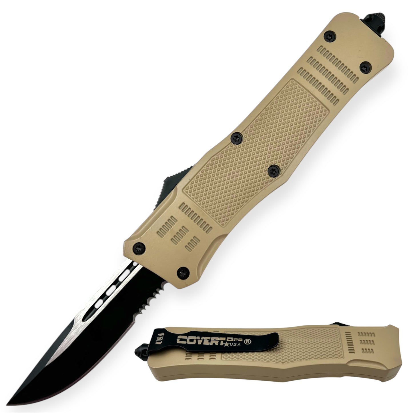 Covert Ops® OTF 9 Inch Auto Drop point Half Serrated Light Brown