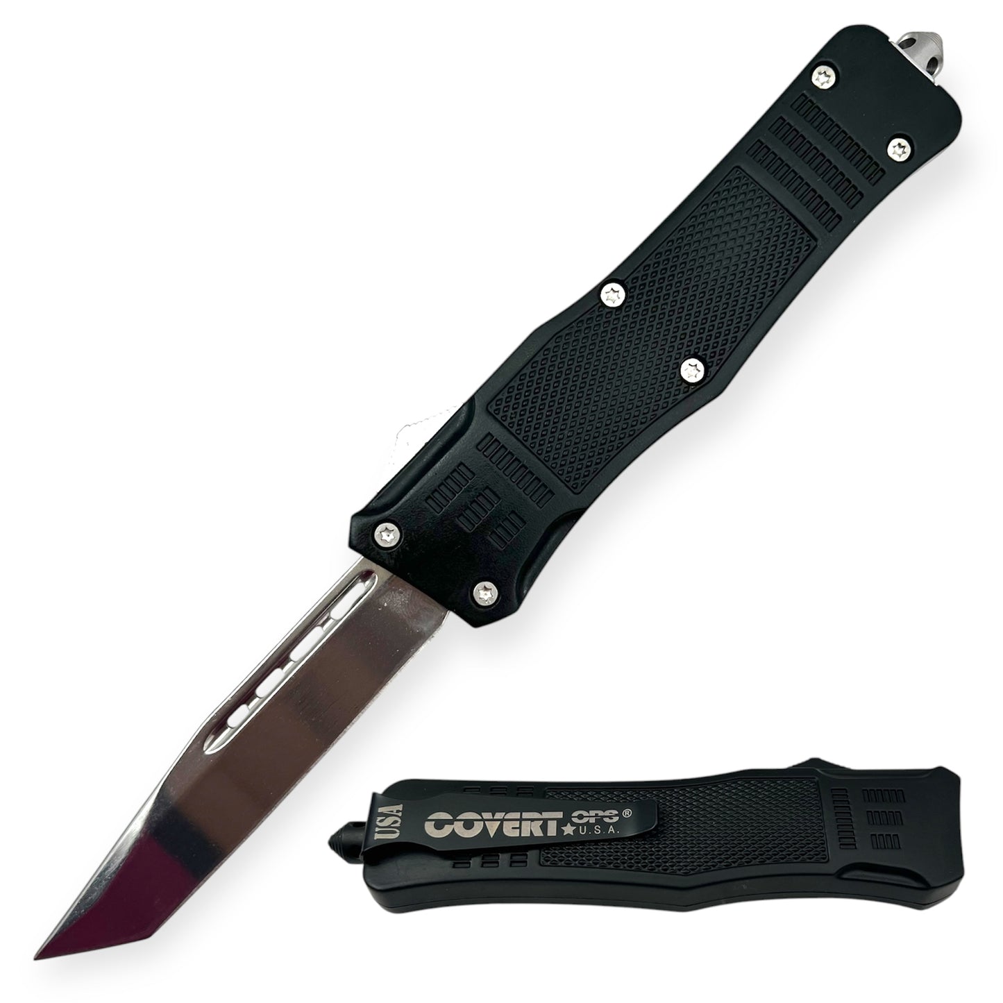 Covert Ops® OTF 9.25 Inch Tanto Silver Blade Carrying Case