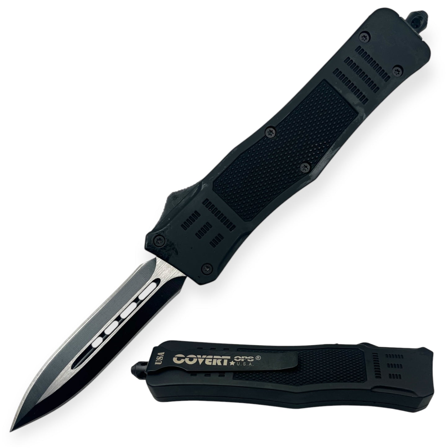 Covert Ops® OTF Automatic Knife 8 Inch Black Handle Double Blade