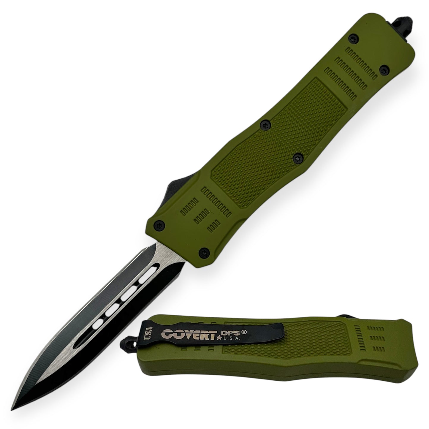 Covert Ops® OTF Automatic Knife 8 Inch Double Blade Green Handle