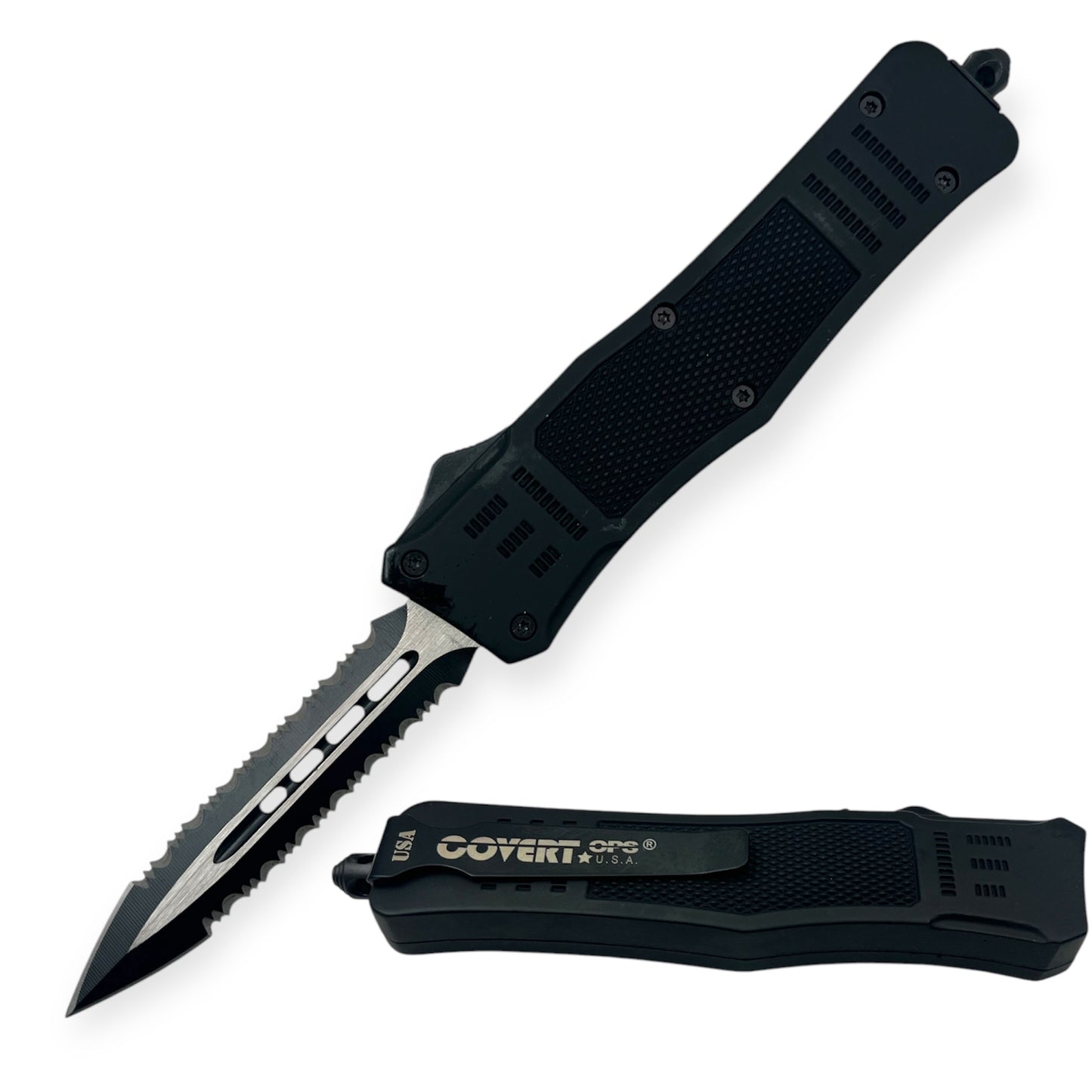 Covert Ops® OTF Automatic Knife 8 Inch Black Handle Double Blade Serrated