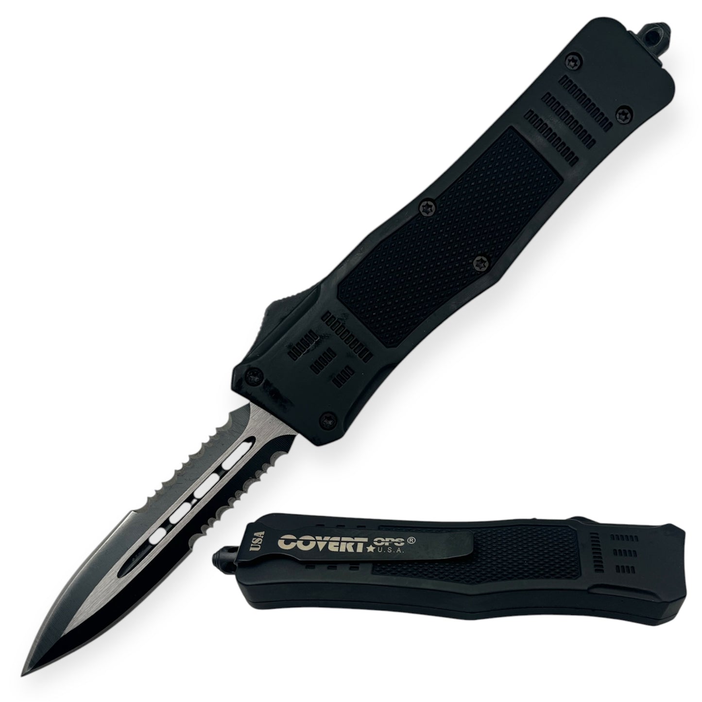 Covert Ops® OTF Automatic Knife 8 Inch Black Handle Double Blade Half Serrated