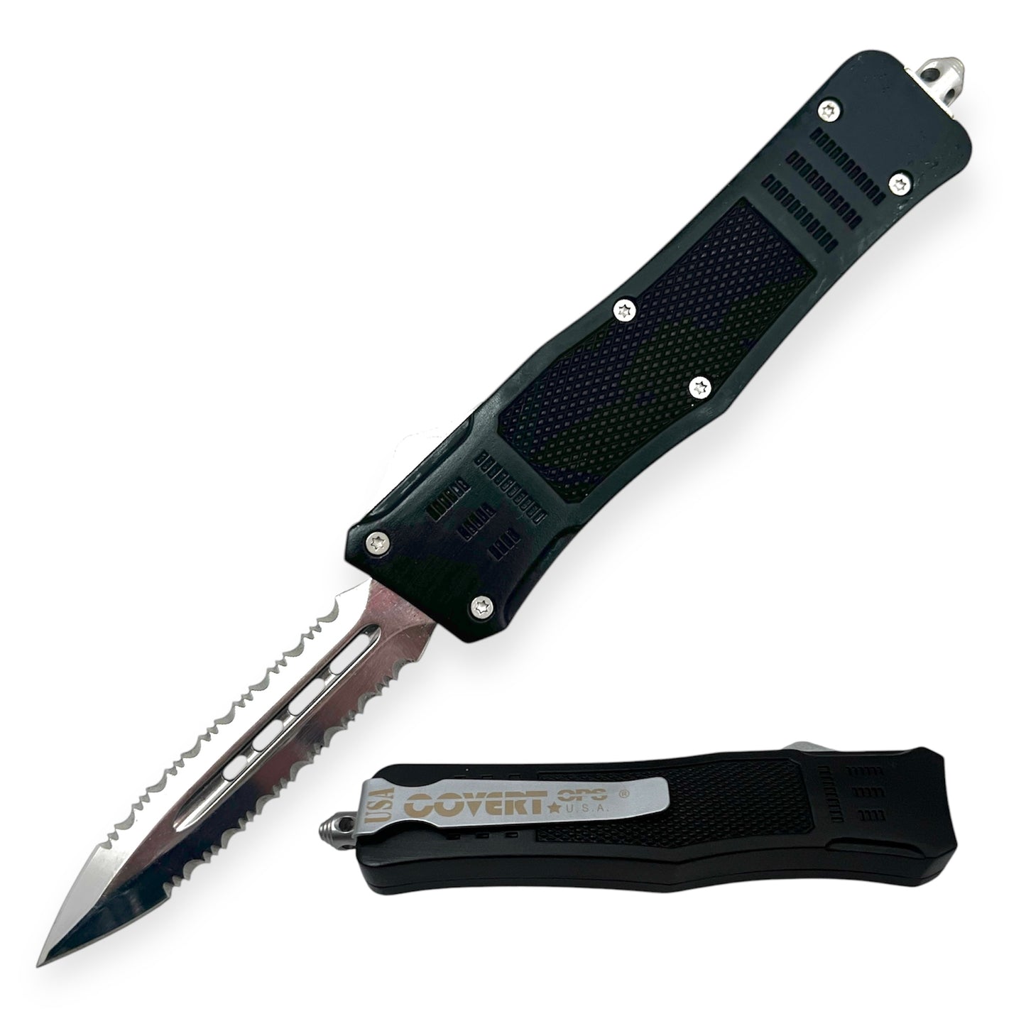 Covert Ops® Automatic OTF 8 Inch Auto Double Blade Half Serrated Silver Blade