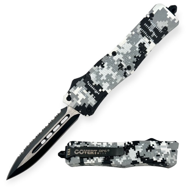 Covert Ops® Automatic OTF 8 Inch Auto Double Blade One side Serrated Snow Camo