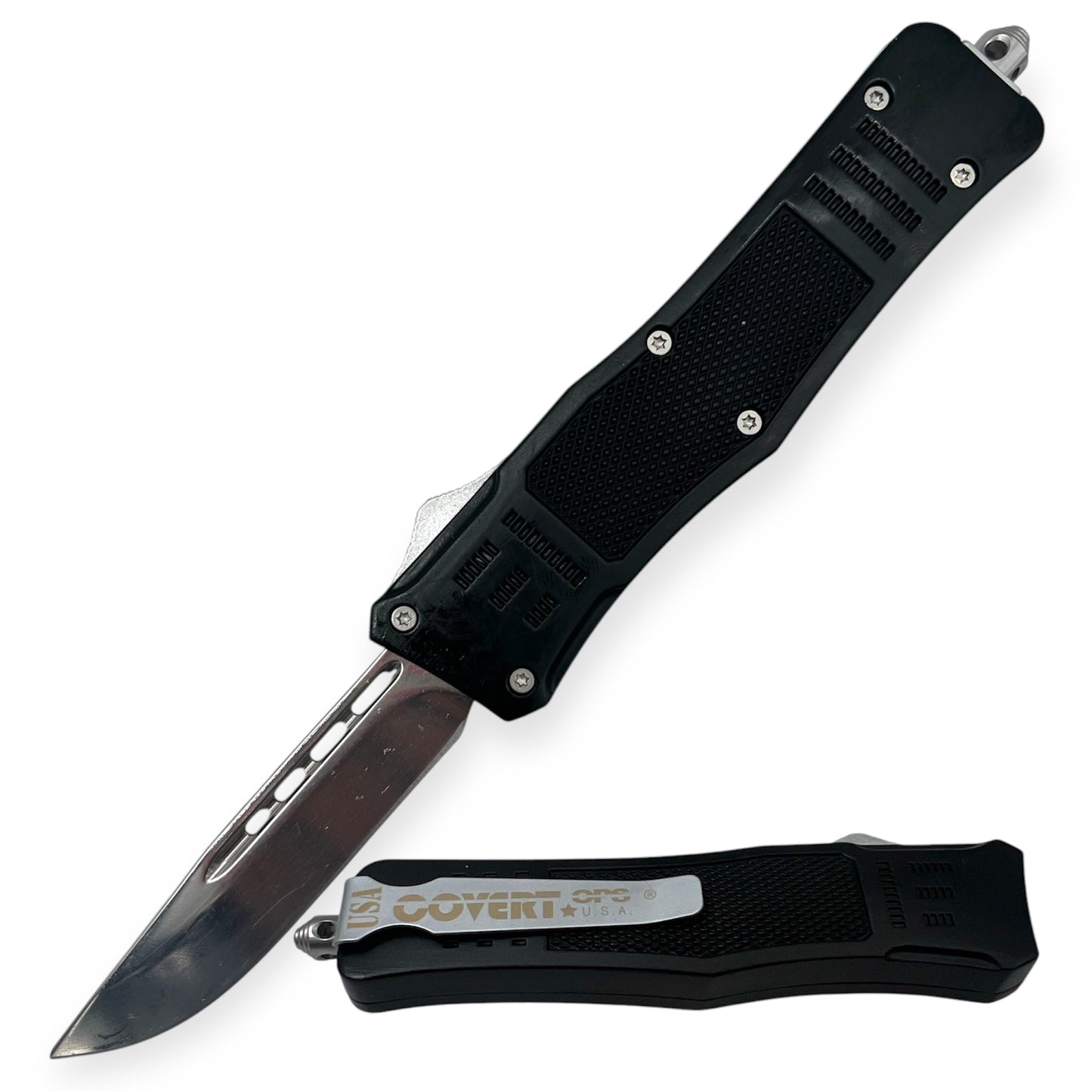 Covert Ops® Automatic OTF 8 Inch Auto Drop Point Silver Blade
