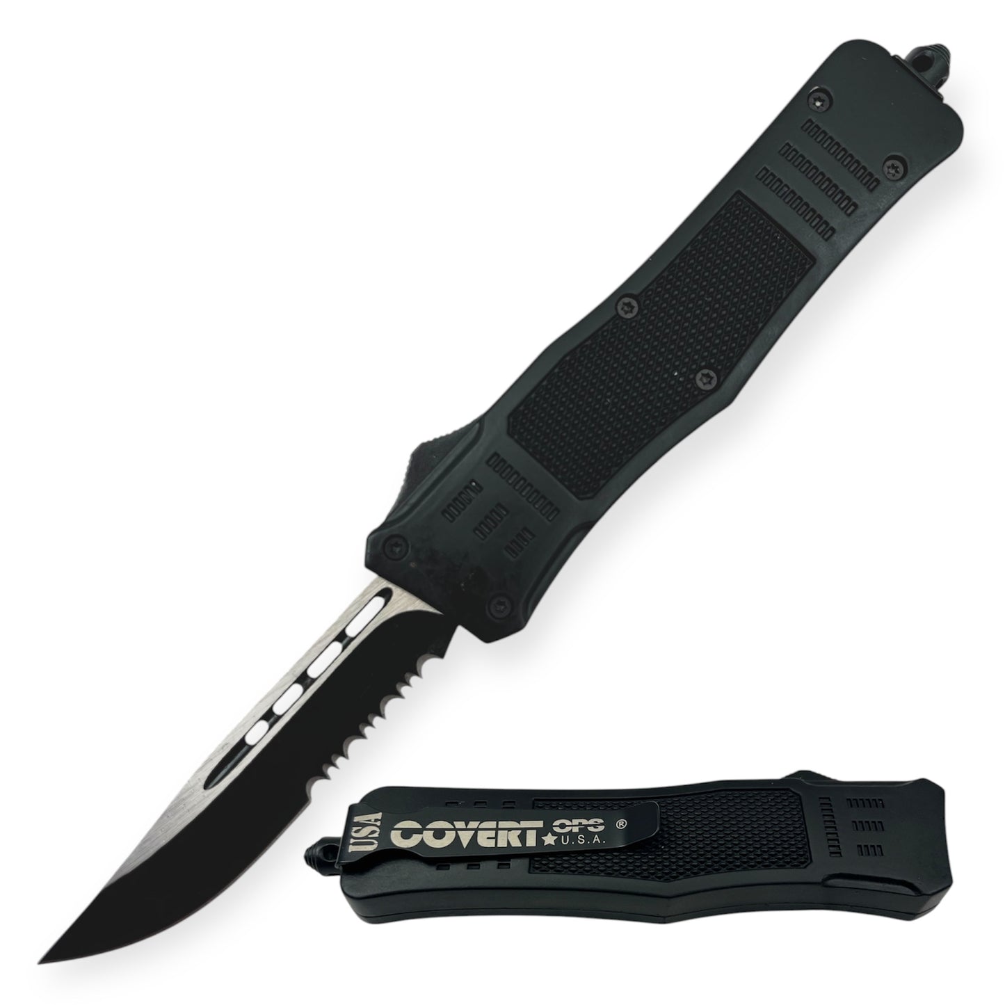 Covert Ops® OTF Automatic Knife 8 Inch Black Handle Drop Point Half Serrated Blade