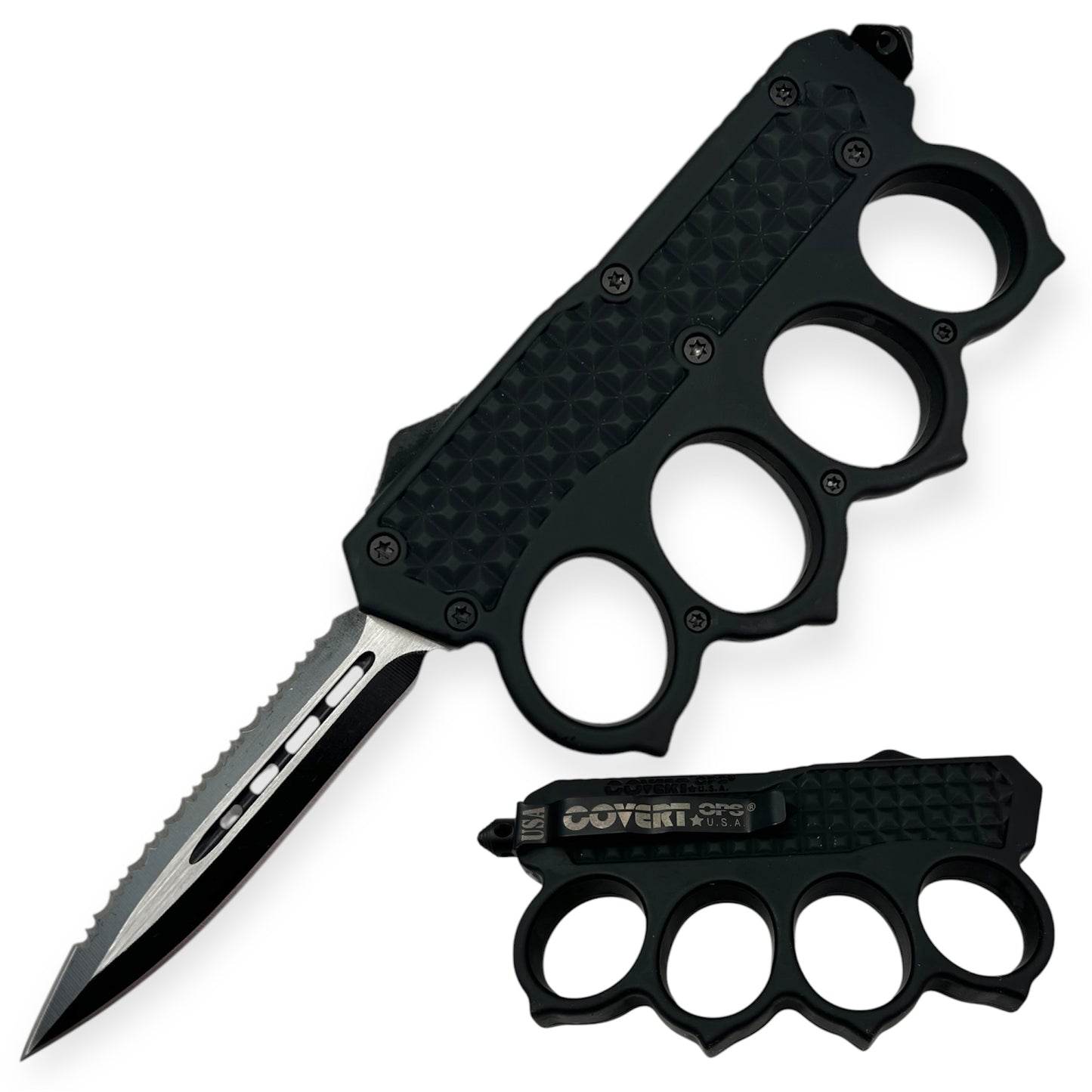 Covert Ops® OTF Trench Knife Double Blade One Side Serrated with Tool and Carrying Case Black