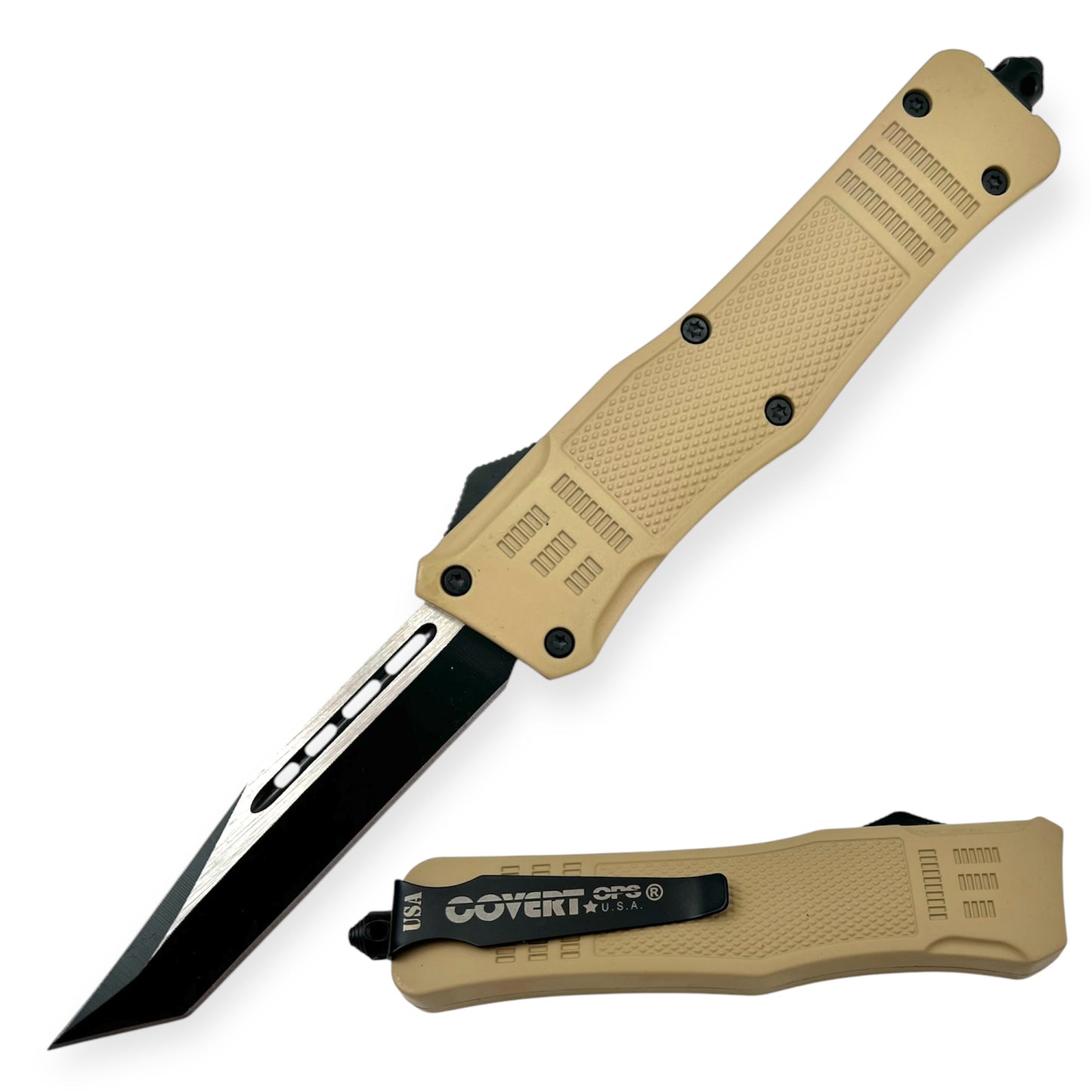 Covert Ops® Automatic OTF 9 Inch Auto Tanto Blade Light Brown