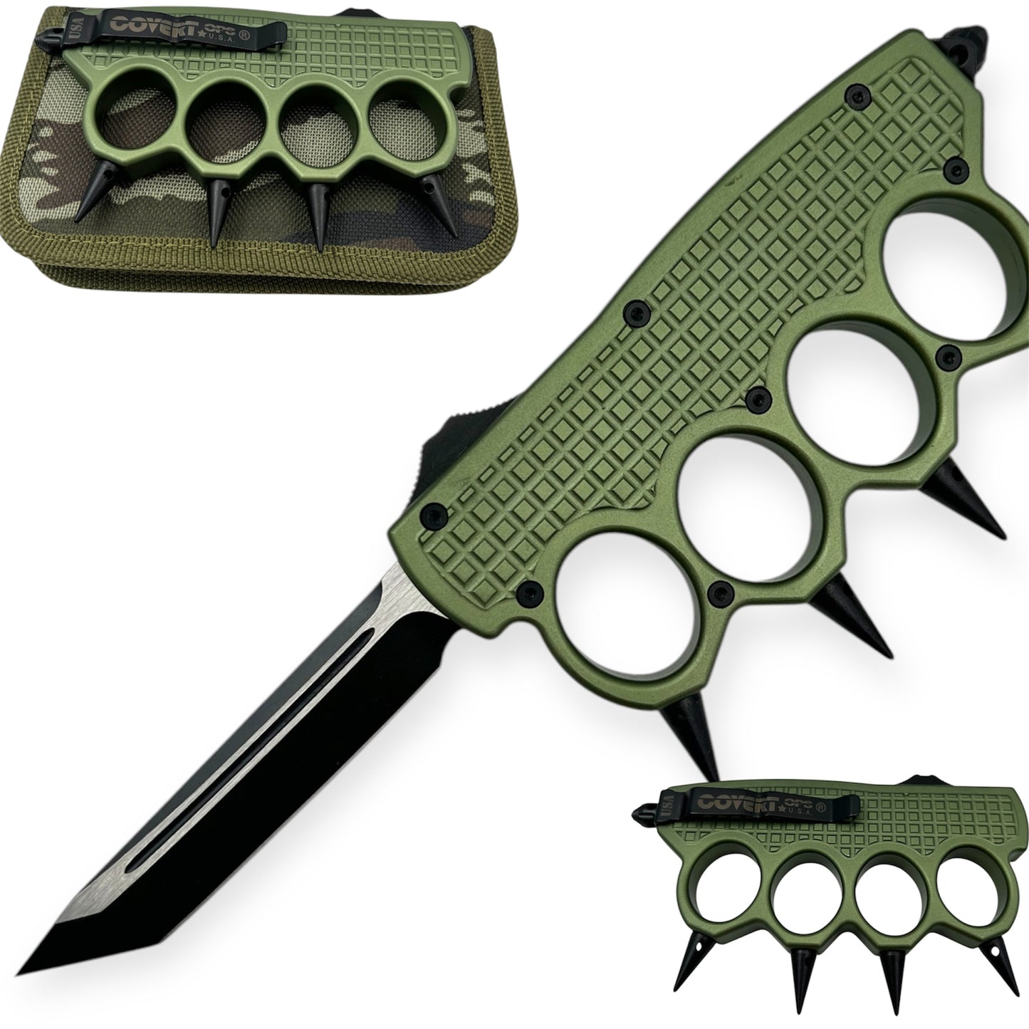 Covert Ops® OTF Trench Knife Tanto Blade/ with Tool and Carrying Case Green