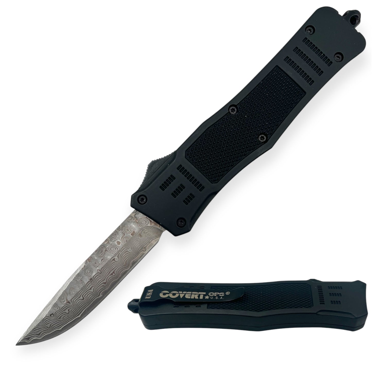 Covert Ops® Automatic OTF 8 Inch Auto Drop Point Damascus Blade