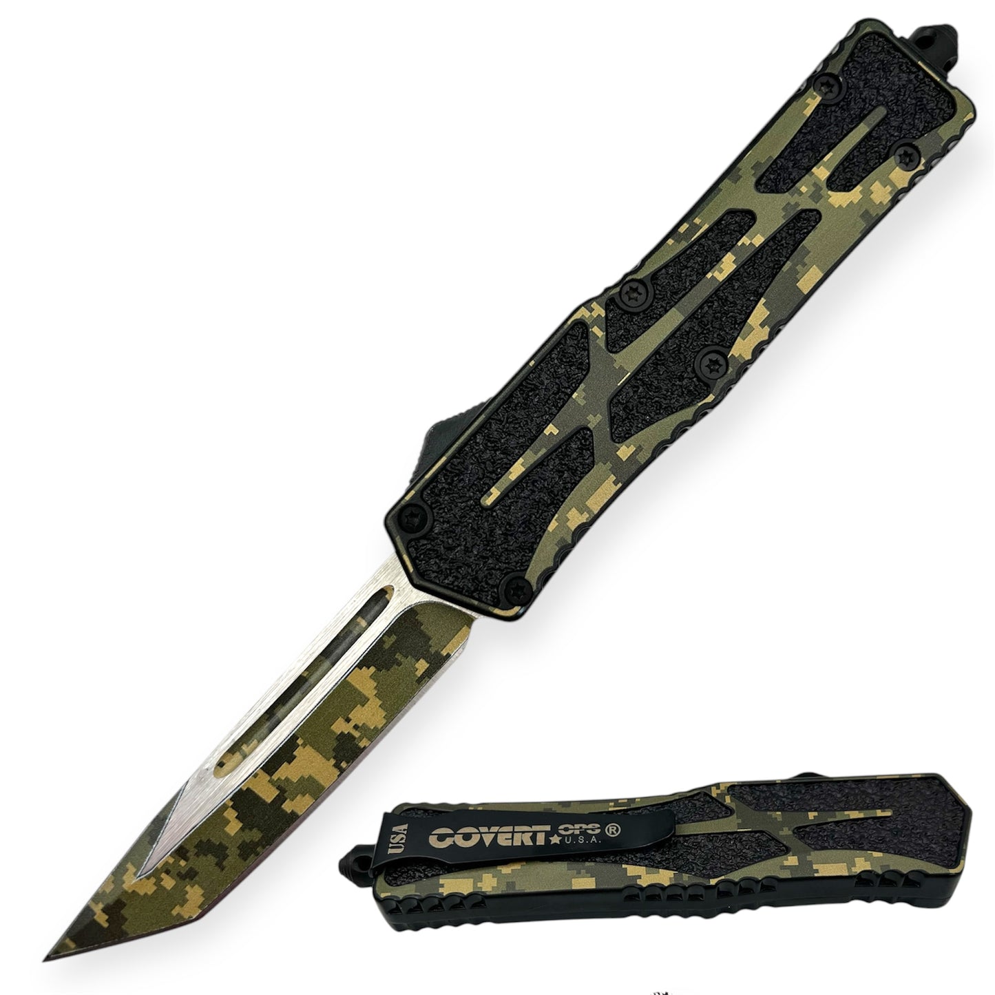 Covert Ops® OTF 9 Inch Auto Tanto Blade/ Case (Digital Greem Cam)