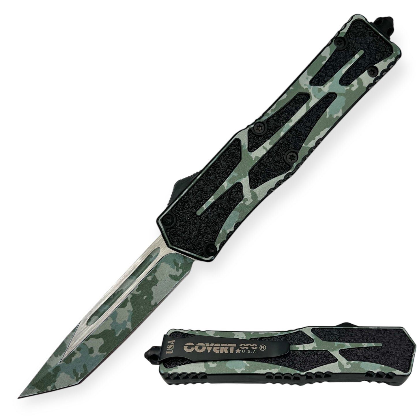 Covert Ops® OTF 9 Inch Auto Tanto Blade/ Case (Greem Cam)