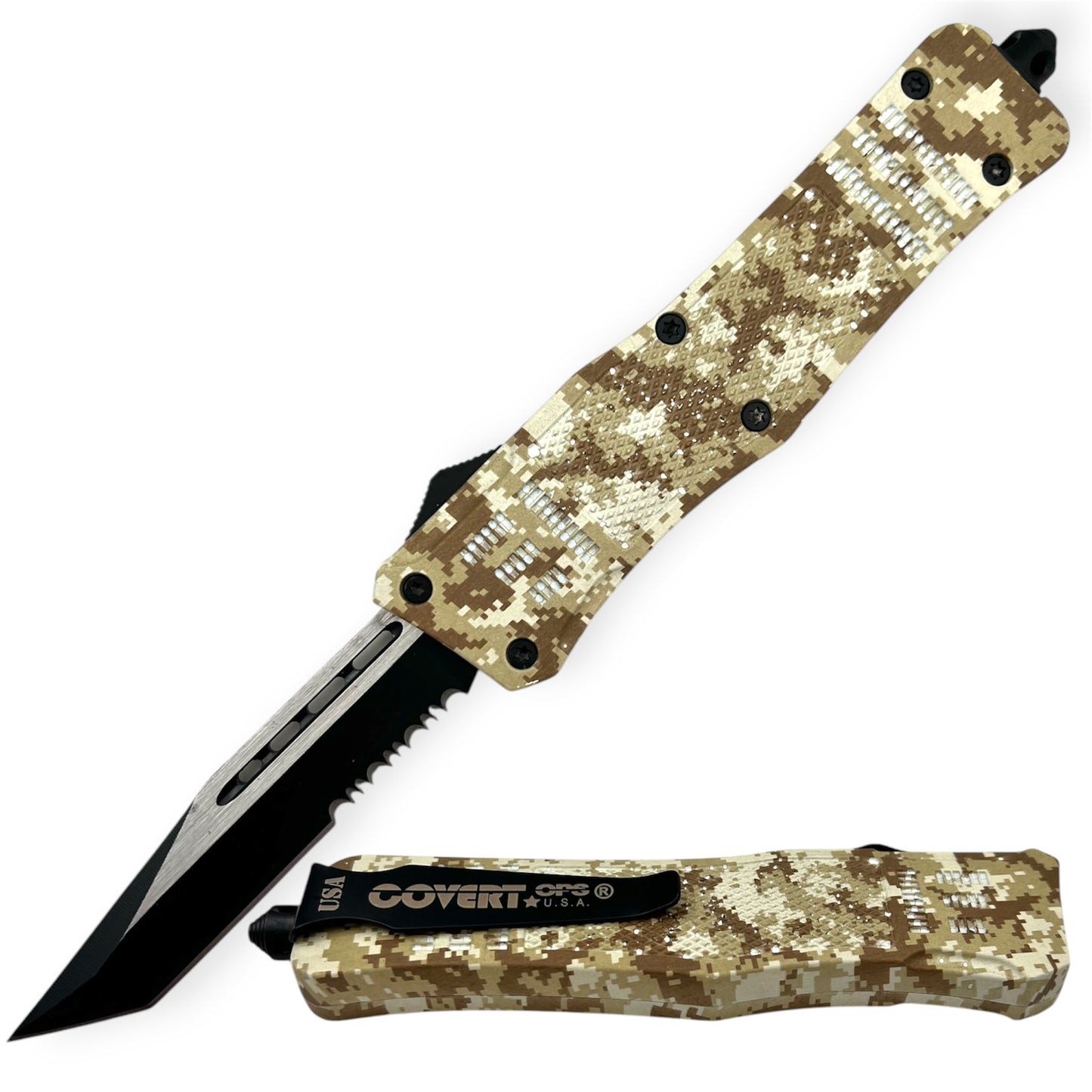 Covert Ops® OTF 9 Inch Auto Tanto Half Serrated  Blade/ Case (Desert Cam)