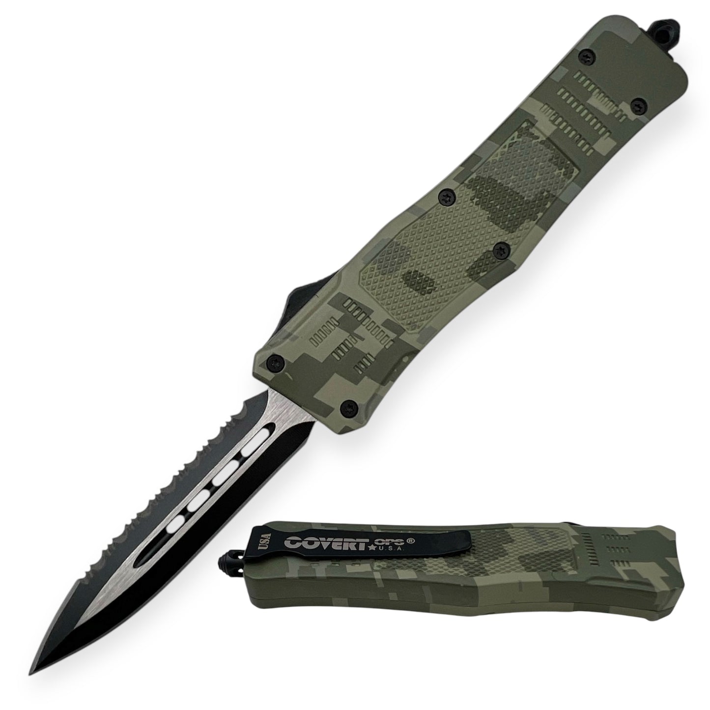 Covert Ops® OTF Automatic Knife 8 Inch  Double Blade One side Serrated Camo