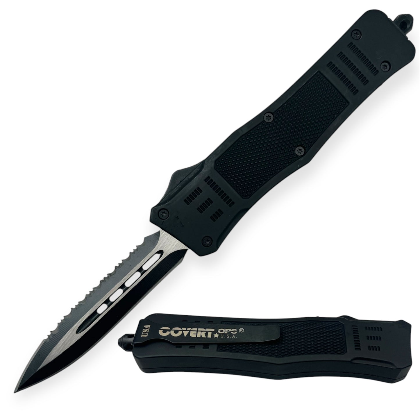 Covert Ops® OTF Automatic Knife 8 Inch Black Handle Double Blade One side Side Serrated Blade