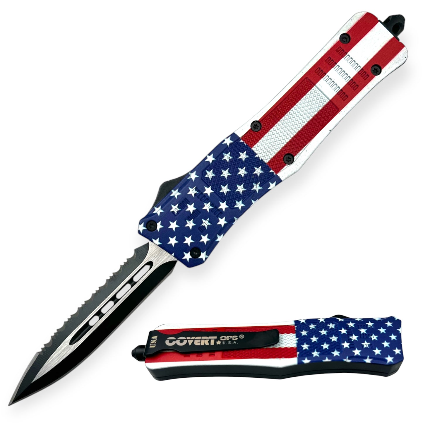 Covert Ops® OTF Automatic Knife 8 Inch Double Blade One Side Serrated American Flag