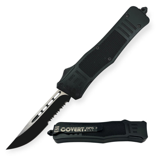 Covert Ops® OTF Automatic Knife 8 Inch Black Handle Drop Point Half Serrated Blade