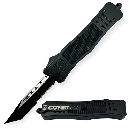 Covert Ops® OTF Automatic Knife 8 Inch Black Handle Tanto Half Serrated Blade