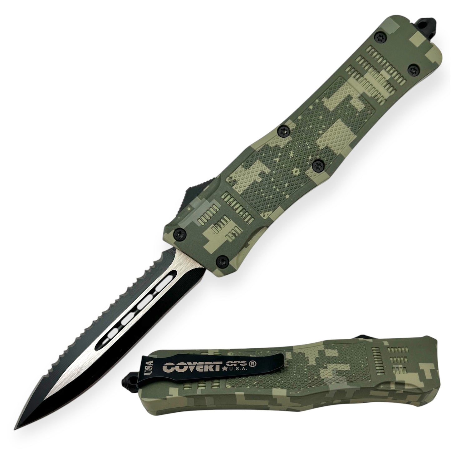 Covert Ops® OTF 9 Inch Auto Double  Blade One Side Serrated / Case (Greem Cam)